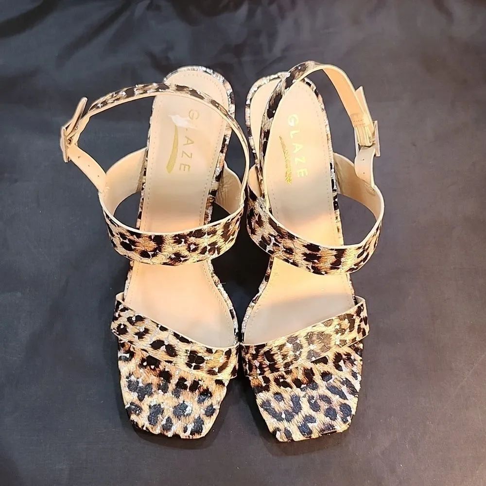 BRAND NEW GLAZE ANIMAL PRINT SQUARE TOE HIGH HELL SANDAL